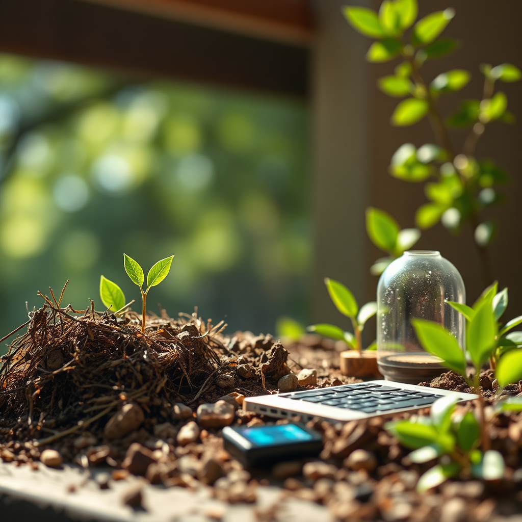 An inspirational image demonstrating sustainable innovation in technology, showcasing eco-friendly products and solutions. The lighting is natural and bright, symbolizing hope and progress. The color palette is earthy with vibrant accents. The camera angle captures a beautiful transition from natural components to technology. Texture details exhibit nature and digital products coexisting harmoniously. Style references reflect eco-friendly innovation. Technical specs: High quality.