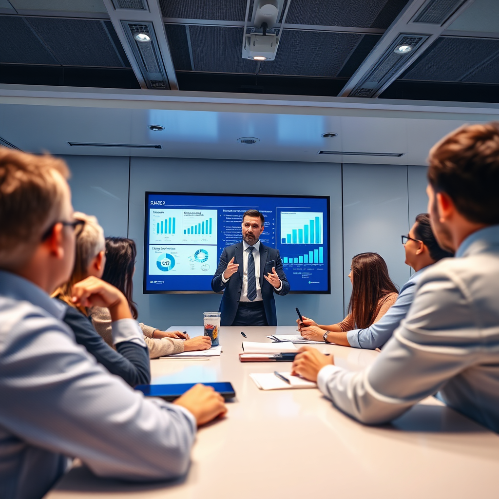Create an image of a consultant presenting strategic insights to a group in a high-tech conference room. The setting should be sleek, with screens displaying data analytics and charts. Bright lighting should highlight the engaged expressions of the audience. Utilize a professional color palette focusing on blues and whites, enhancing the corporate ambiance. The image should be captured in a dynamic angle to emphasize the interaction, rendered in high quality and detail.