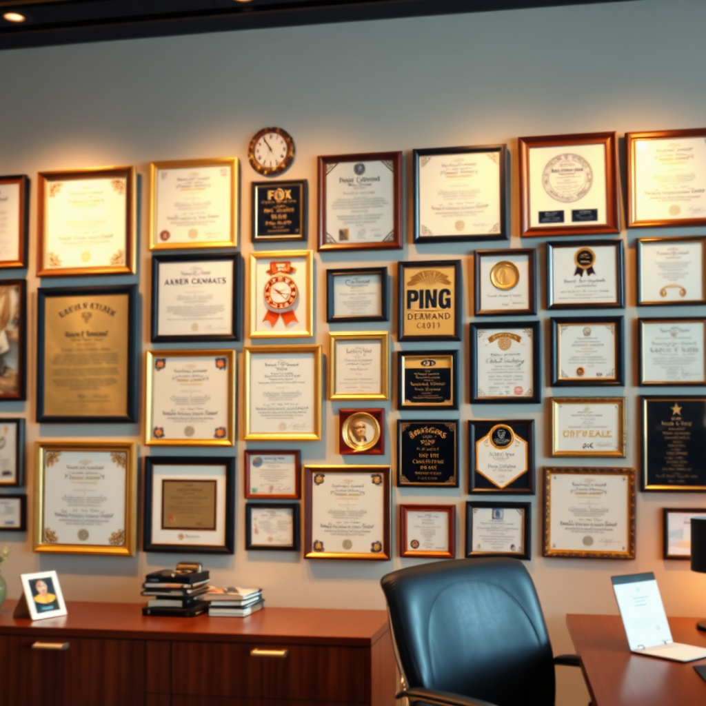 Create an image reflecting the proven track record of PNG ON DEMAND. Visualize a wall filled with accolades, certificates, and success stories prominently featured. The office setting should be illuminated with warm, inviting lighting, and the color palette should incorporate gold accents to signify achievement. The camera should focus closely on the awards, revealing high texture details. Render this image in high quality, ensuring a professional and inspiring look in 4K resolution.