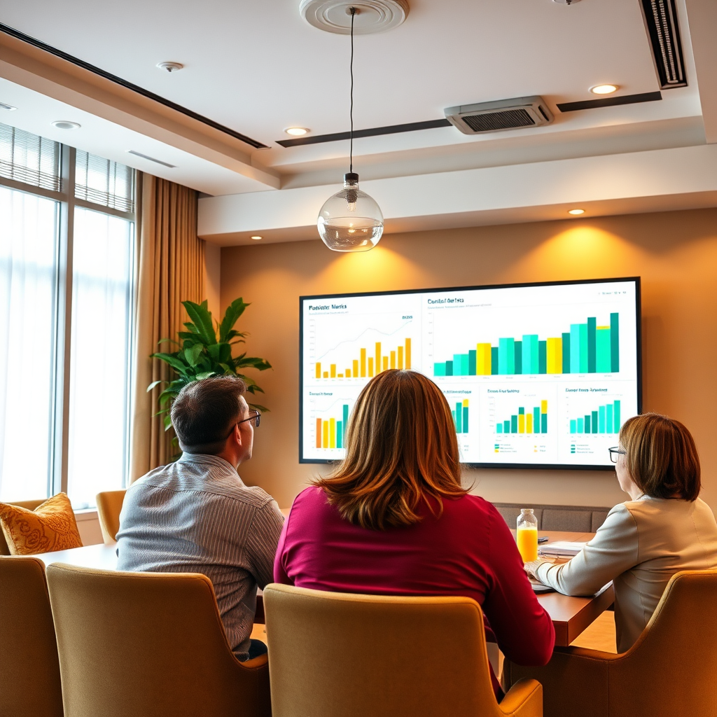 Depict a success celebration meeting where team members are reviewing positive results on a large screen with graphs and metrics. The room should be filled with a sense of accomplishment, featuring welcoming decor. Use warm lighting to enhance the feeling of success and satisfaction. Incorporate a color palette that includes gold and green to symbolize achievement and prosperity. Capture this moment with a dynamic camera angle, ensuring clarity in all elements present, and create in 4K resolution.