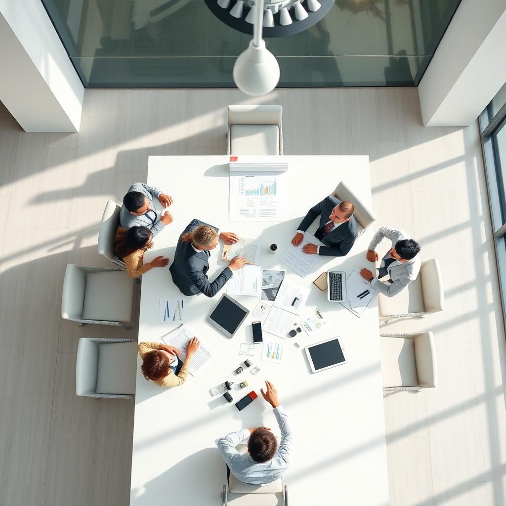 Design an image of a business strategy meeting involving diverse consultants discussing strategies around a large conference table. The environment should feel professional and modern, with visual elements like charts and notes. Use natural lighting to enhance the ambiance, incorporating a color scheme of crisp white and muted tones to create focus. Capture a top-down view or an engaging angle emphasizing collaboration, while ensuring the final composition is photorealistic with great detail.