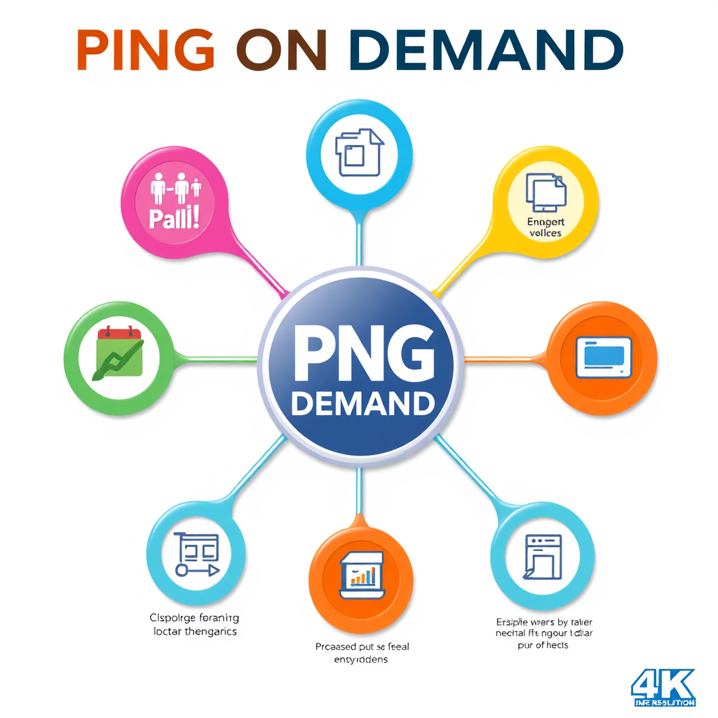 Envision a stylishly designed infographic that illustrates the range of services offered by PNG ON DEMAND. The infographic should have bright, engaging colors with icons representing each service. The background should be clean and professional, emphasizing clarity and ease of understanding. Use smooth curves and logical flow to guide the viewer's eye through the content. Ensure it feels modern and informative, with 4K resolution quality.