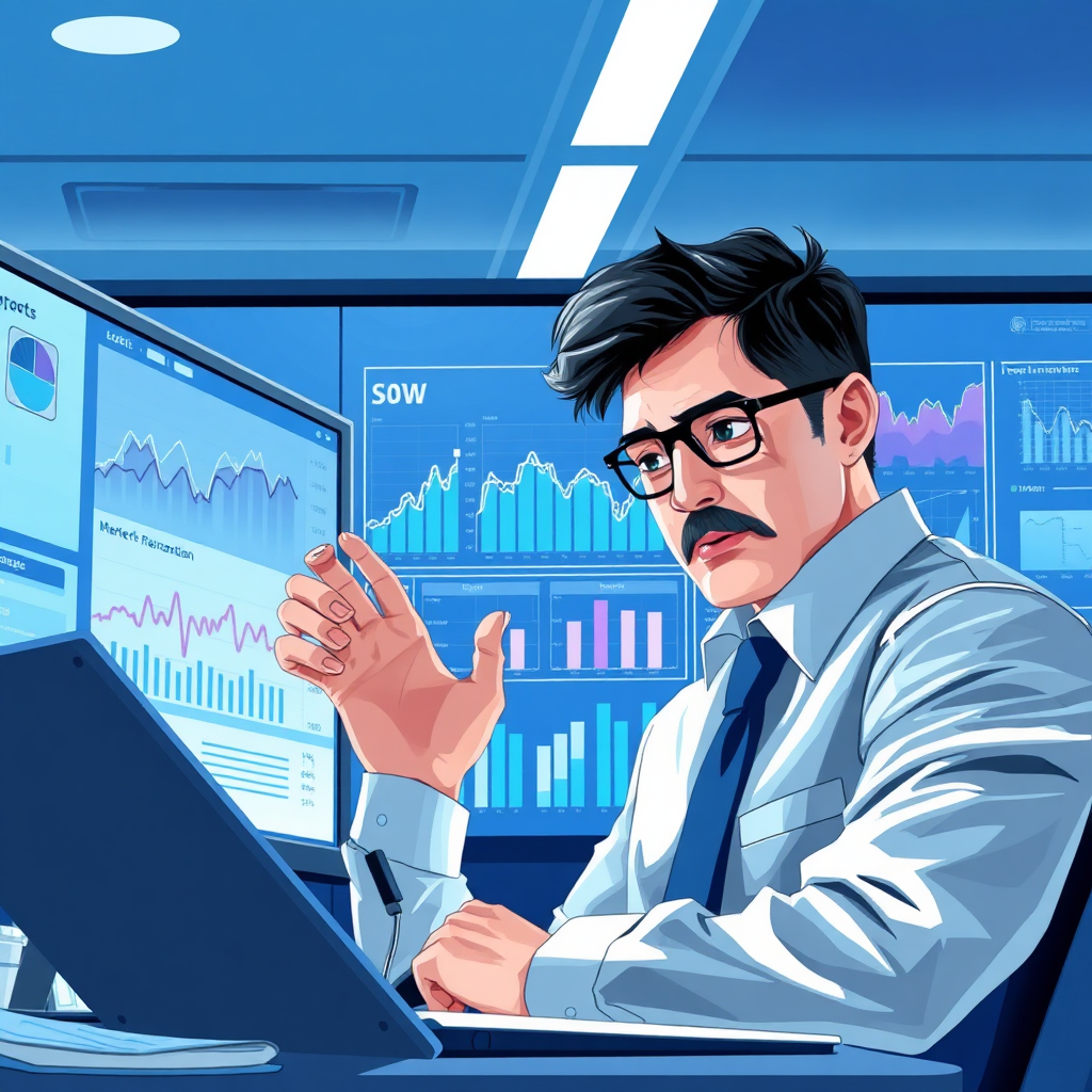 Illustrate a consultant analyzing market trends on a large digital screen, surrounded by reports and analytics. The image should convey a focused and analytical atmosphere, with cool lighting reflecting a professional setting. Incorporate soft blues and whites in the design, enhancing clarity and concentration. Capture the determination in the consultant's expression and include realistic textures in the environment. Render this concept in high quality, ensuring an engaging image.