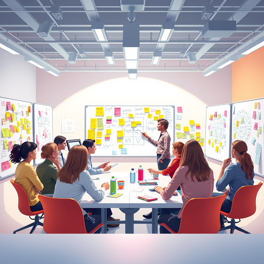 Illustrate a creative brainstorming session in a bright, modern office space. The room should be filled with whiteboards covered in ideas, colorful sticky notes, and team members actively collaborating. The lighting should be bright and inspiring, reflecting a youthful and energetic atmosphere. The color palette should include a mix of vibrant colors, symbolizing creativity and enthusiasm. Ensure that the composition captures various elements of teamwork in high detail, rendered in 4K resolution.