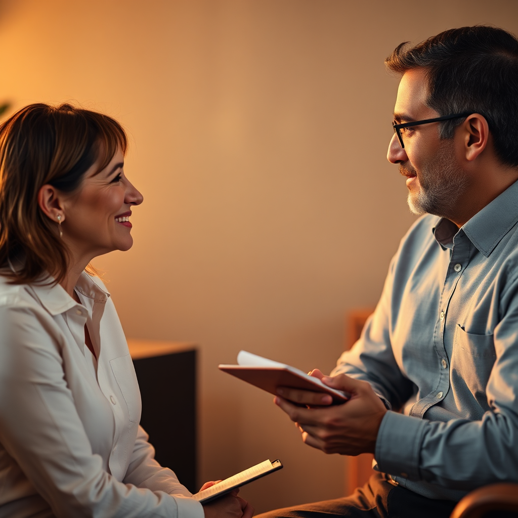 Portray a consultant actively listening to a client, illustrating the client-centric approach. The setting should be intimate, with warm lighting creating a comfortable environment. Use a backdrop of serene colors that convey trust. The image should capture the attentive expressions and notes being taken, showcasing engagement. Ensure high quality, focusing on the details of the individuals' interaction, and render in 4K resolution.