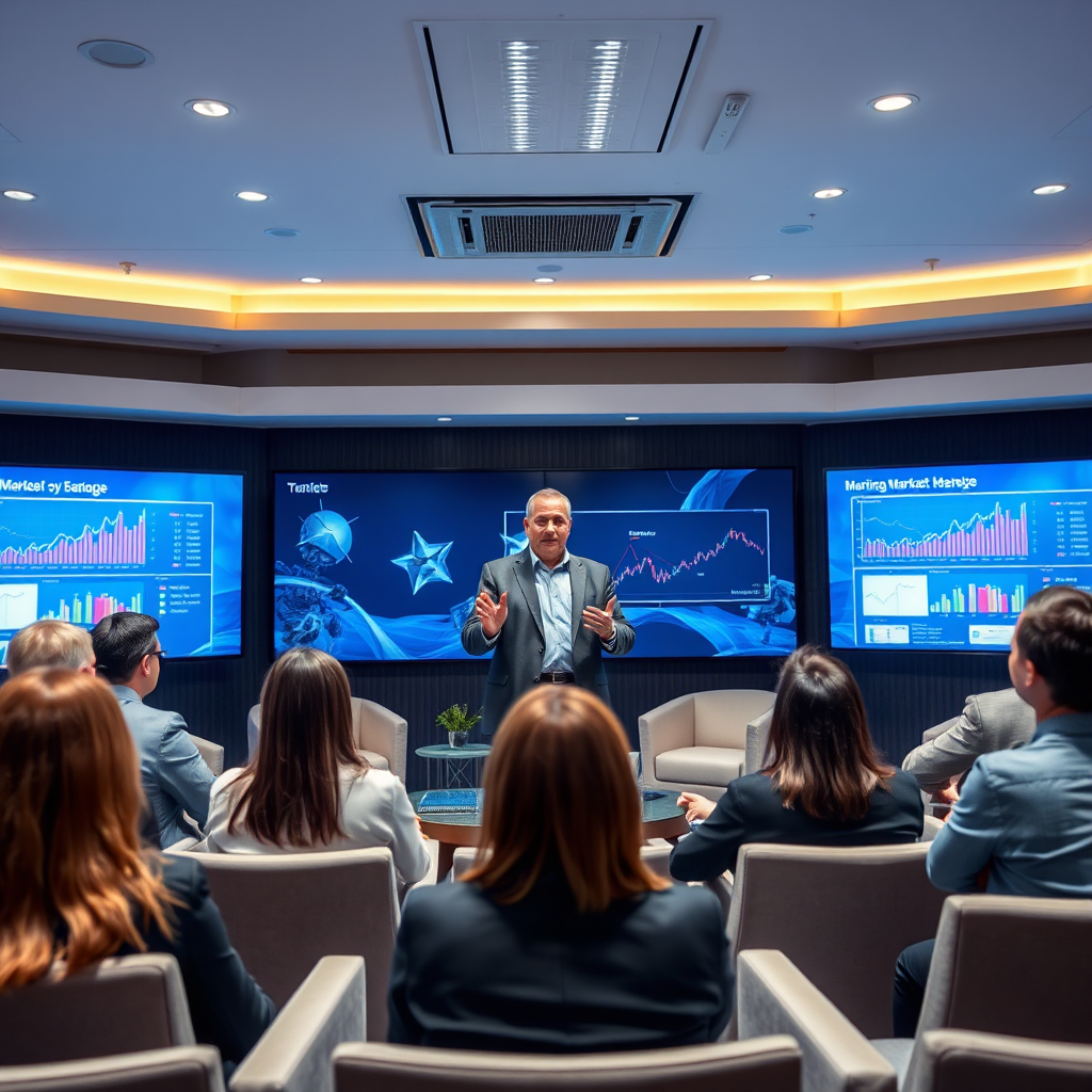 Showcase a seasoned consultant giving a lecture to a group of professionals, surrounded by digital displays showing market trends. The environment should feel high-tech and professional, with modern furniture and decor. Use focused lighting to emphasize the speaker and the engaged audience. A cool color palette with shades of blue and silver would enhance the atmosphere of expertise and professionalism. Aim for a high-resolution image with excellent detail, 4K quality.
