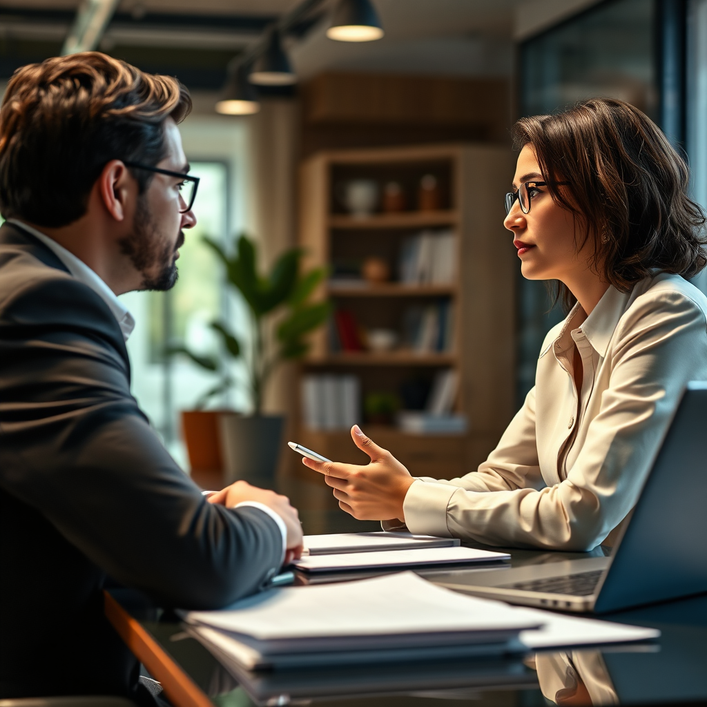 Visualize a one-on-one consultation scenario in a stylish office. A consultant is seen conversing with a client, surrounded by documents and laptops. The lighting should be soft and focused, creating an intimate yet professional atmosphere. The color palette can feature warm earthy tones to promote comfort and trust. Capture the interaction with a close-up camera angle, emphasizing facial expressions and the details of their workspace. Aim for a high-quality image in 4K resolution.