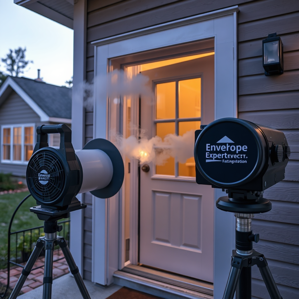 A blower door test being performed on a residential home. The blower door is installed in the front door frame, and the house is sealed to measure air leakage. Smoke is visibly coming from a small crack in the wall, showing air infiltration. The Envelope Expert logo is subtly placed on the blower door equipment. Aim for a photorealistic image, capturing the contrast between the sealed house and the escaping air. The image should convey the effectiveness of air leakage testing. Capture the test during twilight to better show smoke.