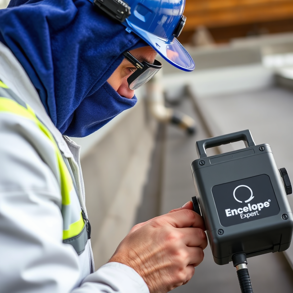 A building inspector using specialized equipment to test the integrity of a waterproofing membrane during installation. The inspector is carefully examining the membrane for defects and ensuring proper adhesion. The Envelope Expert logo is subtly placed on the testing equipment. Aim for a photorealistic image, capturing the rigor and attention to detail involved in quality control. The image should convey the importance of on-site inspection and expert oversight. The inspector must appear diligent and focused.