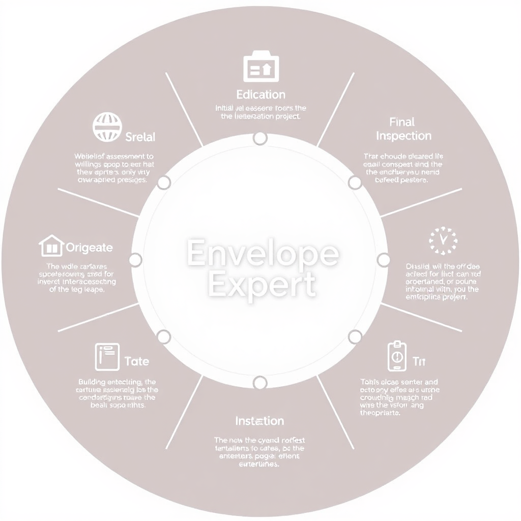 A circular diagram illustrating the various stages of a building envelope project, from initial assessment to final inspection. Each stage is represented by an icon and a brief description. The Envelope Expert logo is prominently displayed in the center of the diagram. Use a clean, modern design with a consistent color palette. The diagram should be visually appealing and easy to understand, conveying the breadth of services offered by Envelope Expert. The style should be professional and informative, emphasizing the company's comprehensive approach to building envelope solutions. Each segment must be distinct and interconnected.