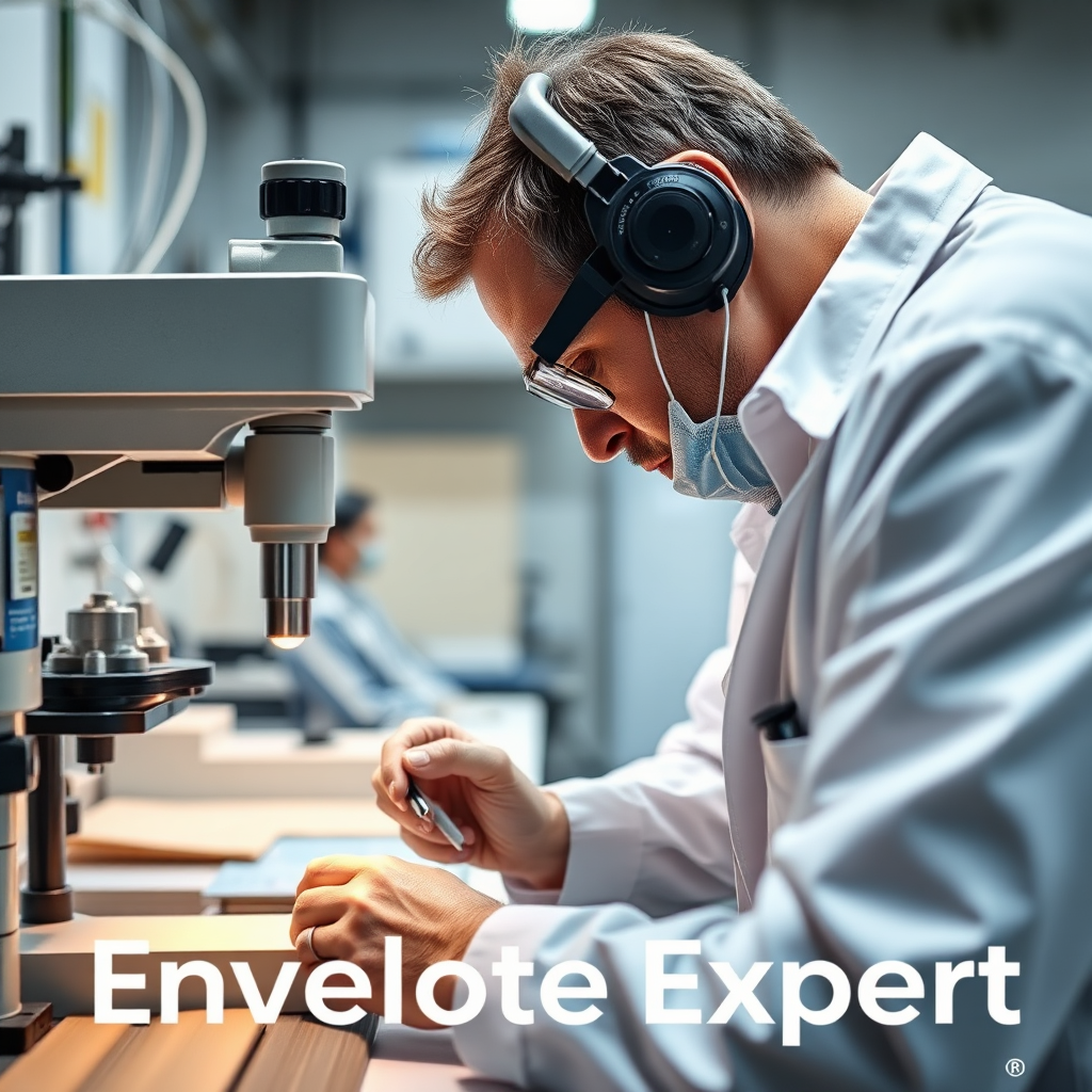 A close-up shot of a building envelope test being conducted in a controlled laboratory environment. The technician is meticulously checking the equipment and data readings, ensuring accuracy and reliability. The background includes various testing instruments and samples of building materials. The lighting should be bright and focused, emphasizing the precision and attention to detail involved in the testing process. Subtly include the Envelope Expert logo as a watermark or in the background. Aim for a photorealistic image that conveys the company's commitment to quality assurance and accurate results. Ensure the image appears scientifically rigorous.