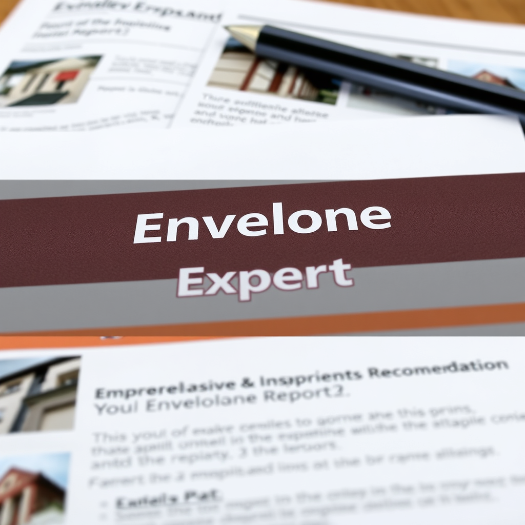 A close-up shot of a detailed building inspection report, with annotations highlighting key findings and recommendations. The report includes images, diagrams, and data analysis. The Envelope Expert logo is prominently displayed on the report cover. Aim for a photorealistic image, capturing the professionalism and thoroughness of the report. The image should convey the value of comprehensive reporting and Envelope Expert's commitment to client satisfaction. The report should appear authoritative and understandable.