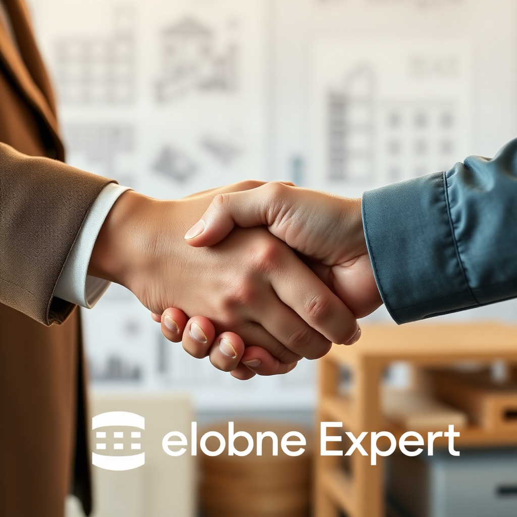 A close-up shot of three hands shaking, symbolizing trust and partnership. The hands belong to a building owner, an architect, and an Envelope Expert consultant. The background includes blurred images of building plans and construction materials. The lighting should be warm and inviting, emphasizing the importance of collaboration and mutual respect. Subtly include the Envelope Expert logo as a watermark or in the background. Aim for a photorealistic image that conveys the company's commitment to integrity, quality, and strong client relationships. The scene should inspire confidence and trust.