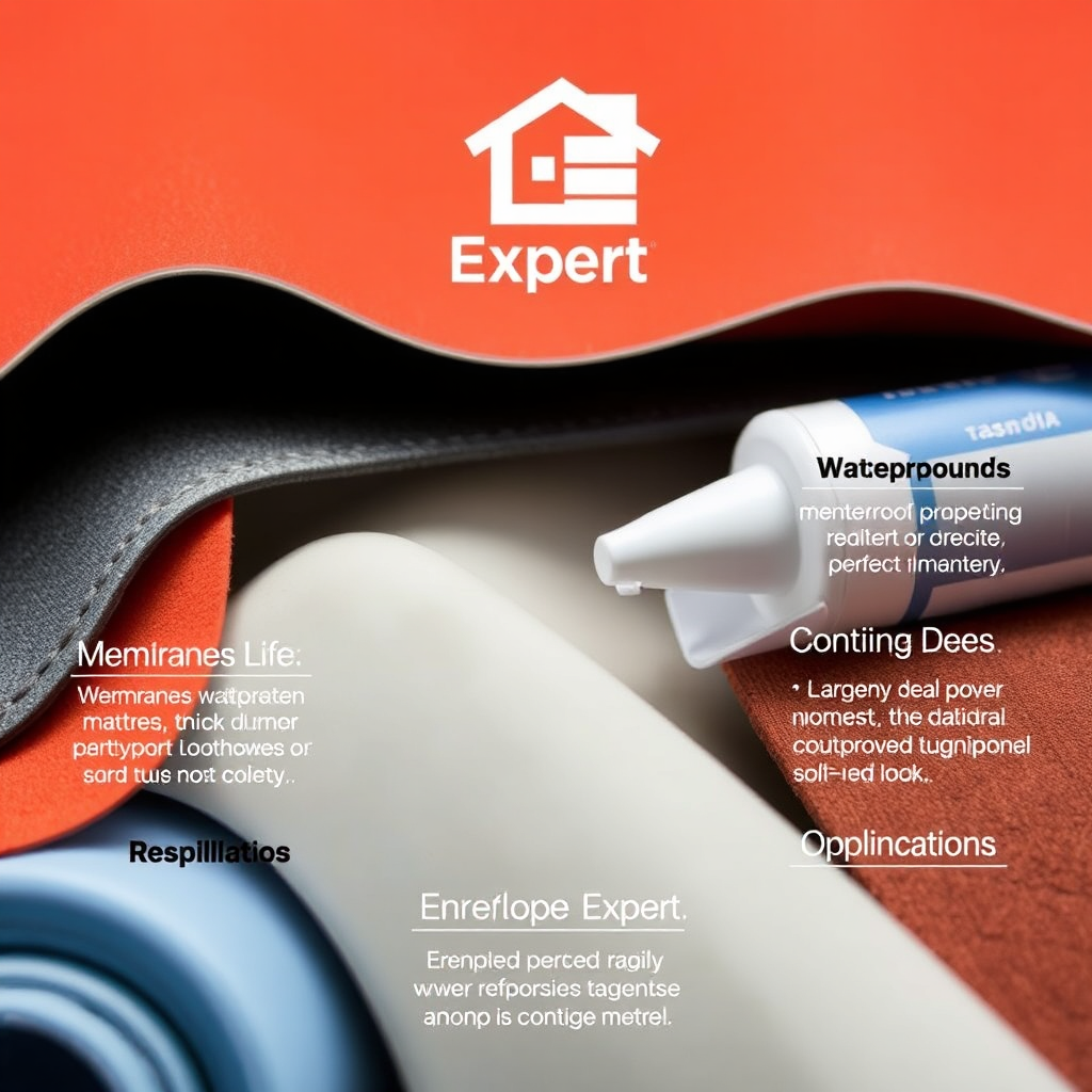 A close-up shot of various waterproofing materials, including membranes, sealants, and coatings. Each material is labeled with its key properties and applications. The Envelope Expert logo is subtly displayed in the background. Aim for a stylized image, using a vibrant color palette to highlight the different materials and their benefits. The image should convey the importance of material selection and Envelope Expert's expertise in waterproofing solutions. The materials must appear high-quality and specialized.
