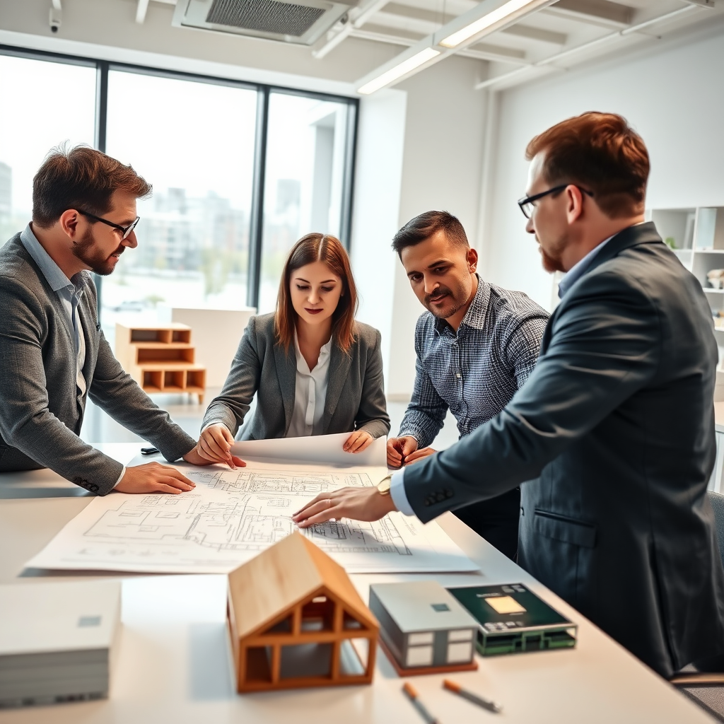 A collaborative meeting in a bright, modern office space. Three professionals are gathered around a large table reviewing blueprints and discussing building envelope details. One consultant is pointing to a specific area on the blueprint, emphasizing a critical aspect of the design. The atmosphere should convey professionalism, teamwork, and technical expertise. The background includes architectural models and samples of building materials. Aim for a photorealistic image capturing the dynamic interaction and knowledge sharing among the team members. The scene must inspire confidence.