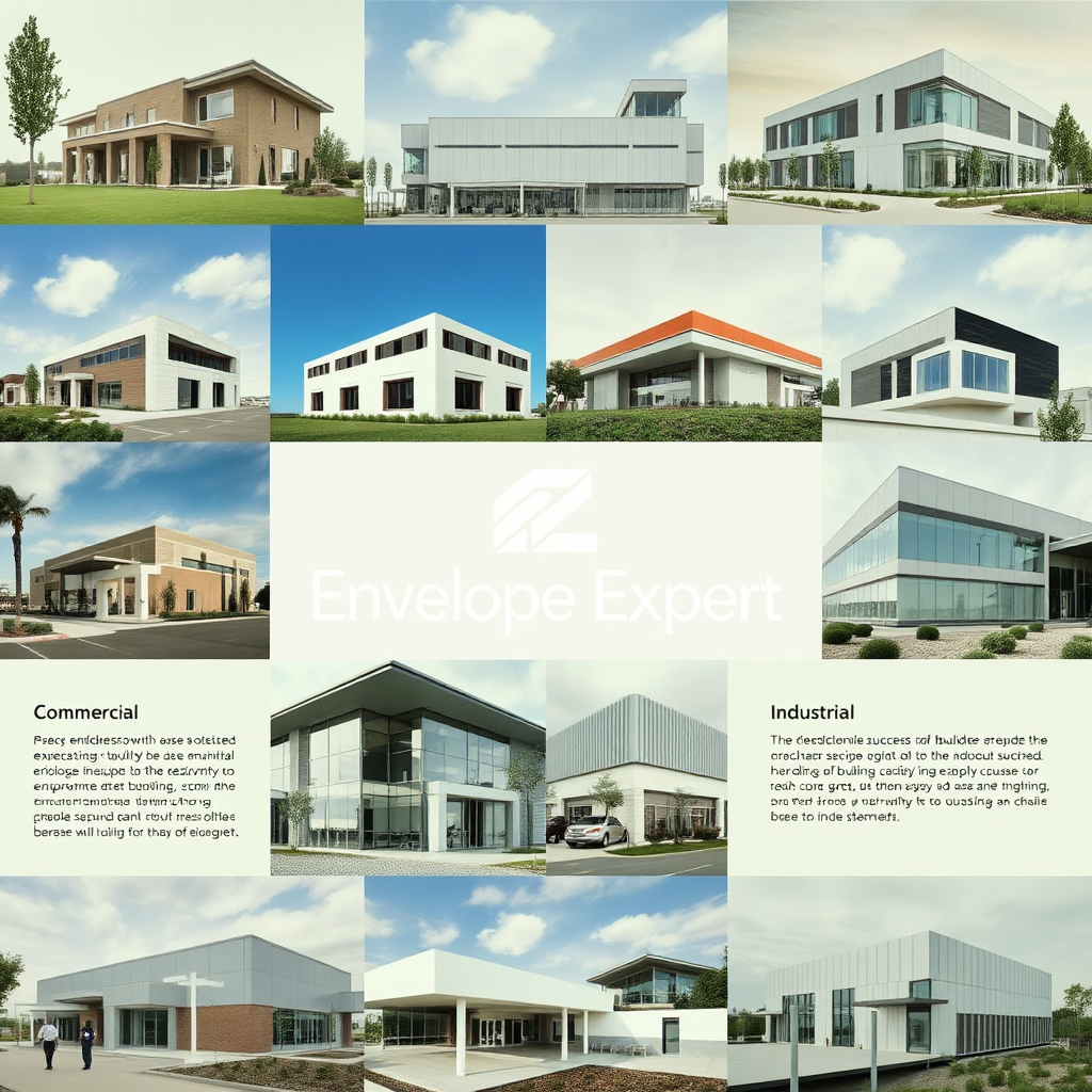 A collage of images showcasing a variety of successful building envelope projects completed by Envelope Expert. The projects include different building types, such as residential, commercial, and industrial. Each image highlights the key features and benefits of the project. The Envelope Expert logo is subtly displayed in the center of the collage. Aim for a visually appealing and informative design, using a consistent color palette. The image should convey the diversity and success of Envelope Expert's portfolio. The collage must be well-organized and aesthetically pleasing.