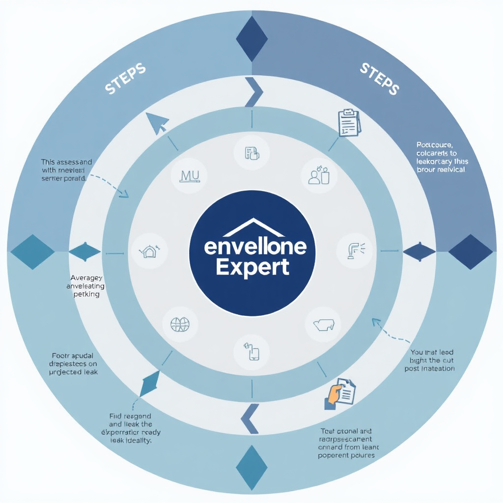 A diagram illustrating the process of root cause analysis for a building leak. The diagram shows the steps involved, from initial assessment to final remediation, with clear explanations and visual aids. The Envelope Expert logo is prominently displayed in the center of the diagram. Aim for a clean and informative design, using a consistent color palette. The image should convey the thoroughness and expertise involved in Envelope Expert's leak investigation services. The diagram should imply complexity and expert analysis.