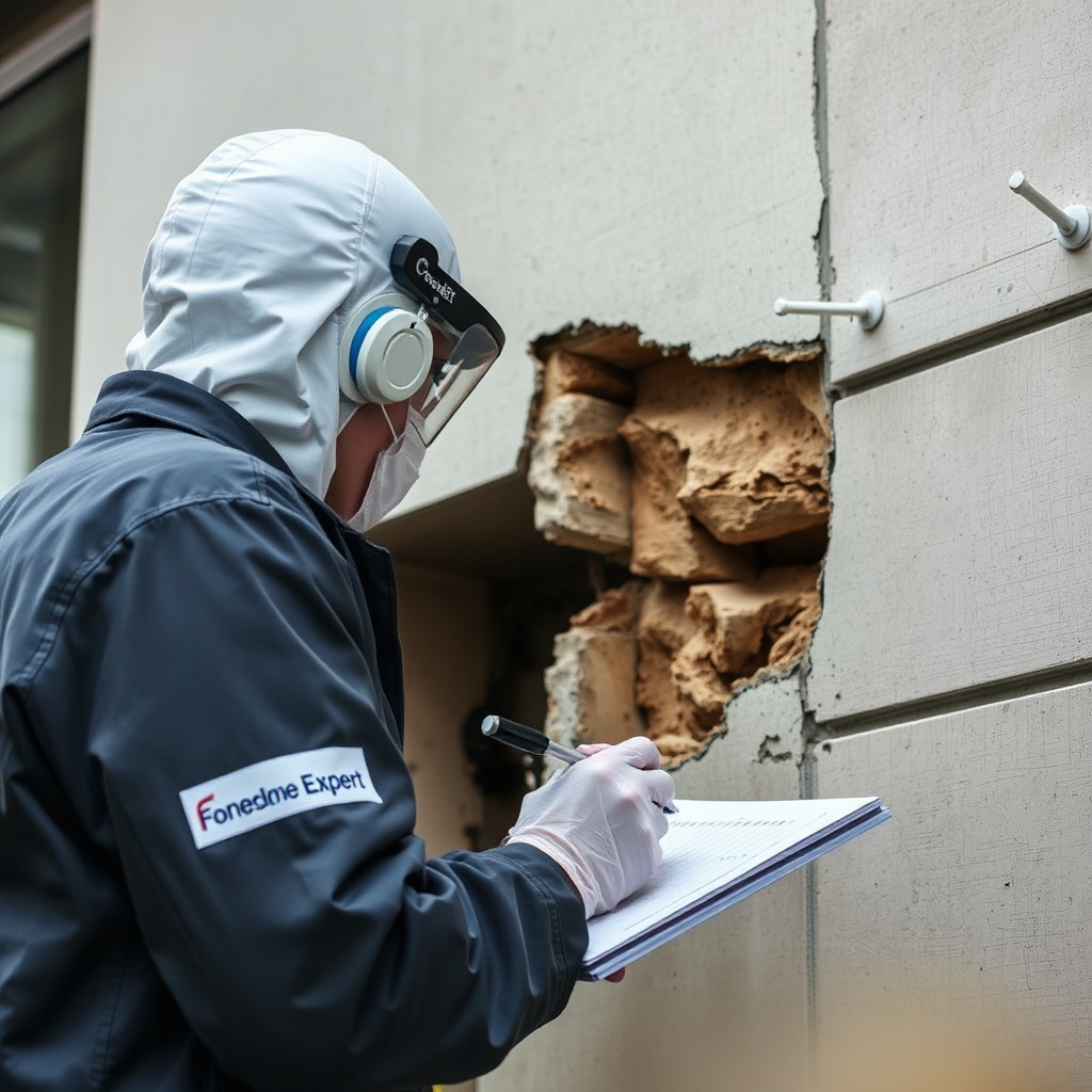A forensic investigator examining a damaged building facade, using specialized tools and techniques to uncover the cause of the failure. The investigator is carefully documenting the evidence and collecting samples for analysis. The Envelope Expert logo is subtly placed on the investigator's equipment. Aim for a photorealistic image, capturing the thoroughness and expertise involved in forensic investigation. The image should convey the importance of detailed analysis and factual findings. The facade damage must be clearly visible.