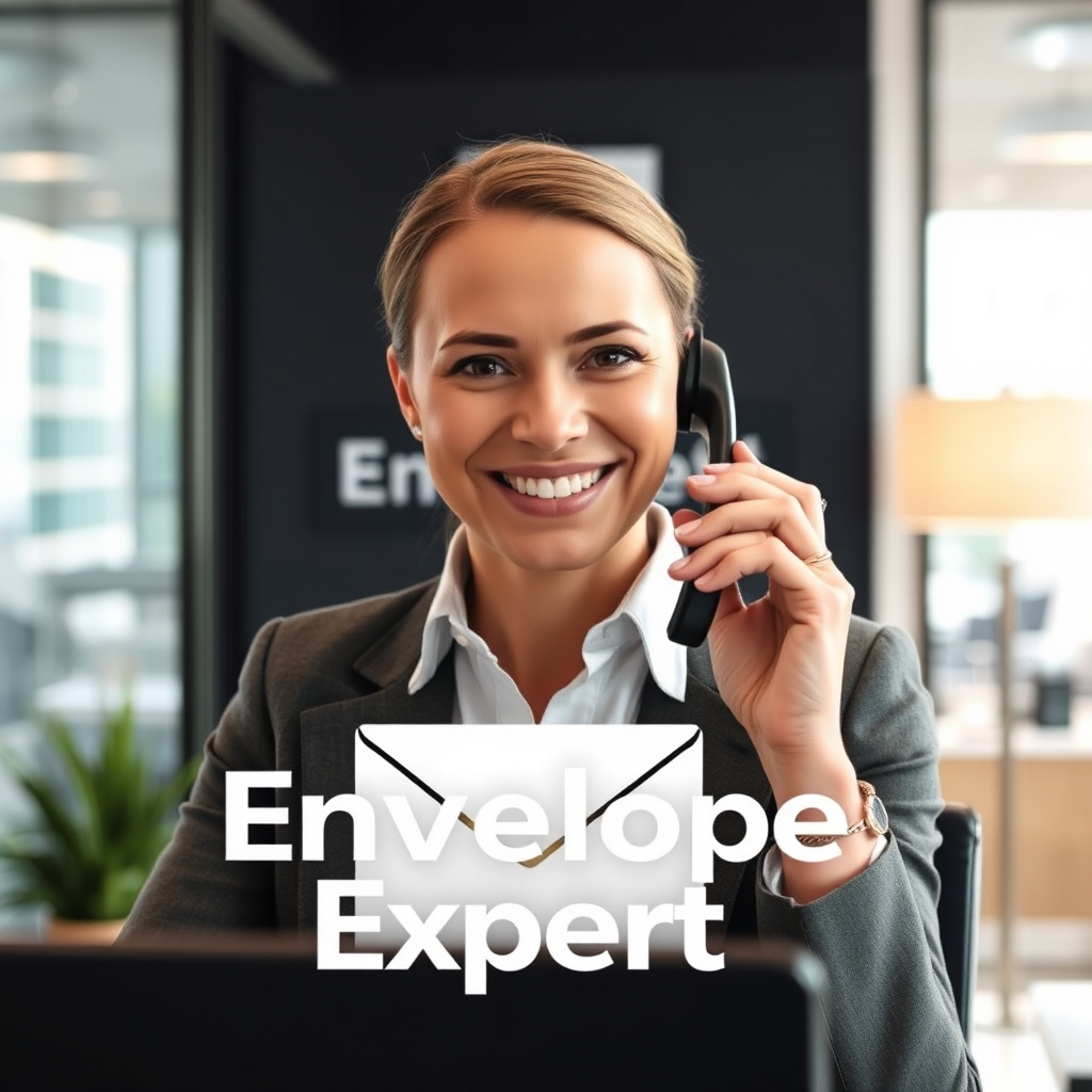 A friendly and professional Envelope Expert consultant answering a phone call in a modern office setting. The consultant is smiling and engaged in the conversation. The Envelope Expert logo is subtly displayed in the background. Aim for a photorealistic image, capturing the warmth and accessibility of the company. The image should convey the message that Envelope Expert provides prompt responses and expert advice. The atmosphere should be welcoming and professional.