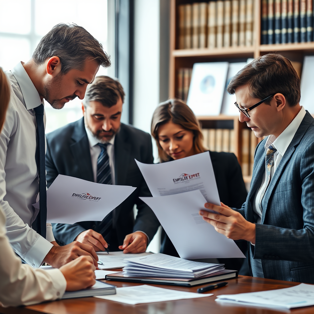 A legal team reviewing documents and preparing for a building envelope case, with an Envelope Expert consultant providing support. The consultant is offering strategic advice and helping to organize the evidence. The Envelope Expert logo is subtly displayed on the documents. Aim for a photorealistic image, capturing the collaborative effort and expertise involved in litigation support. The image should convey the importance of strategic advice and effective presentation. The atmosphere should be focused and professional.
