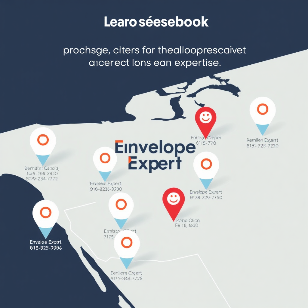 A map highlighting the locations of Envelope Expert's offices in different cities. Each location is marked with a pin and includes contact information. The Envelope Expert logo is prominently displayed on the map. Aim for a clean and informative design, using a consistent color palette. The image should convey the message that Envelope Expert provides convenient access and local expertise. The map should be visually appealing and easy to navigate.