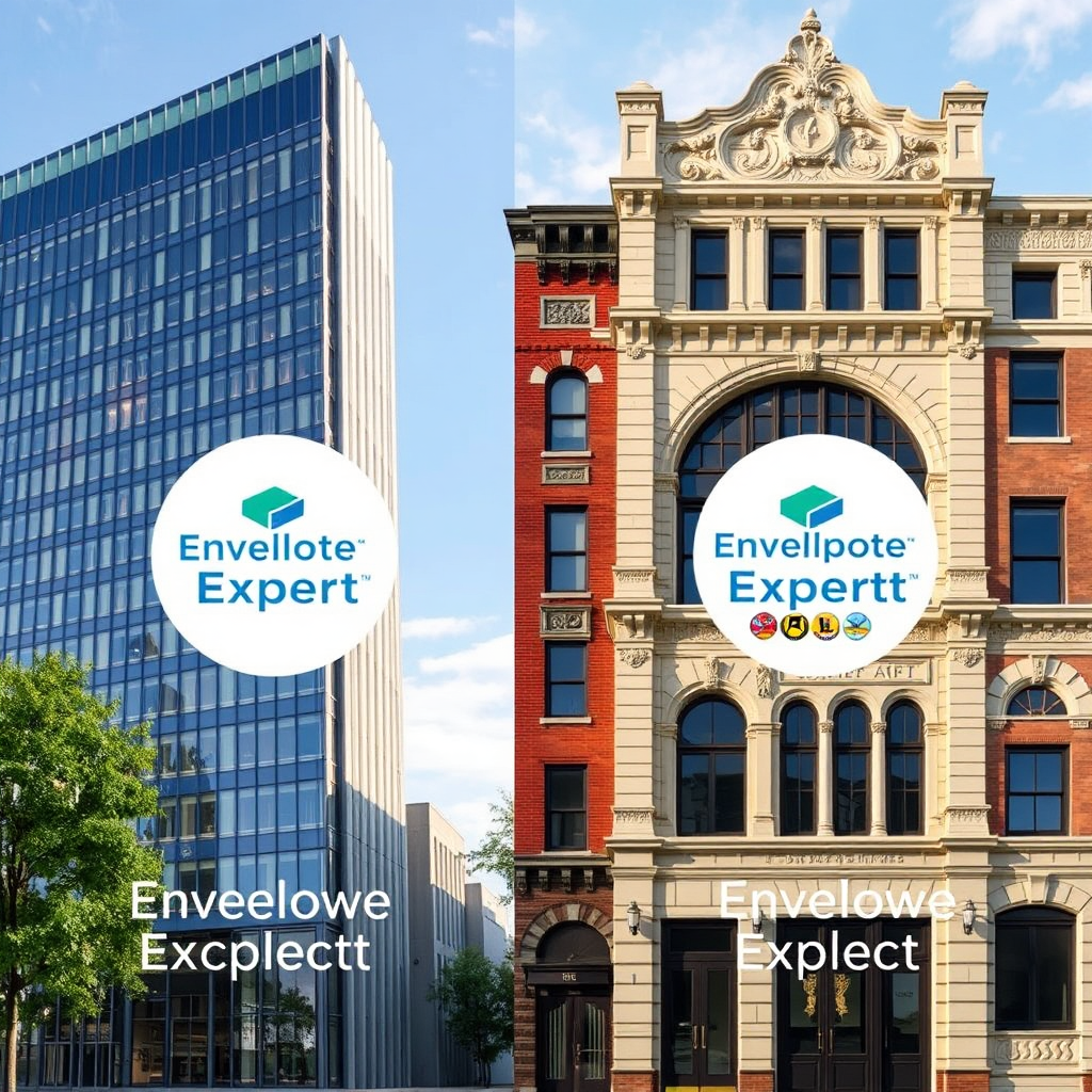 A side-by-side comparison of two different building types (e.g., a modern high-rise and a historic building), each with a custom building envelope solution designed by Envelope Expert. The solutions should be visually distinct and tailored to the specific architectural style and requirements of each building. The Envelope Expert logo is subtly integrated into each design. Aim for a photorealistic rendering that showcases the versatility and adaptability of the company's services. The image should convey the message that Envelope Expert provides tailored solutions for all types of projects. Focus on aesthetic harmony and functional efficiency.