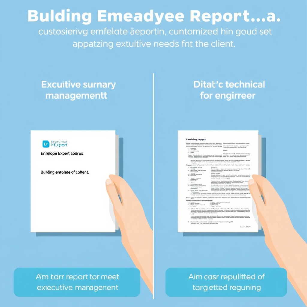 A side-by-side comparison of two different building envelope reports, each customized to meet the specific needs of the client. One report is a concise summary for executive management, while the other is a detailed technical document for engineers. The Envelope Expert logo is subtly displayed on both reports. Aim for a stylized image, highlighting the flexibility and adaptability of Envelope Expert's reporting services. The image should convey the value of targeted information and customized reporting. Each report must be visually distinct and tailored to its intended audience.