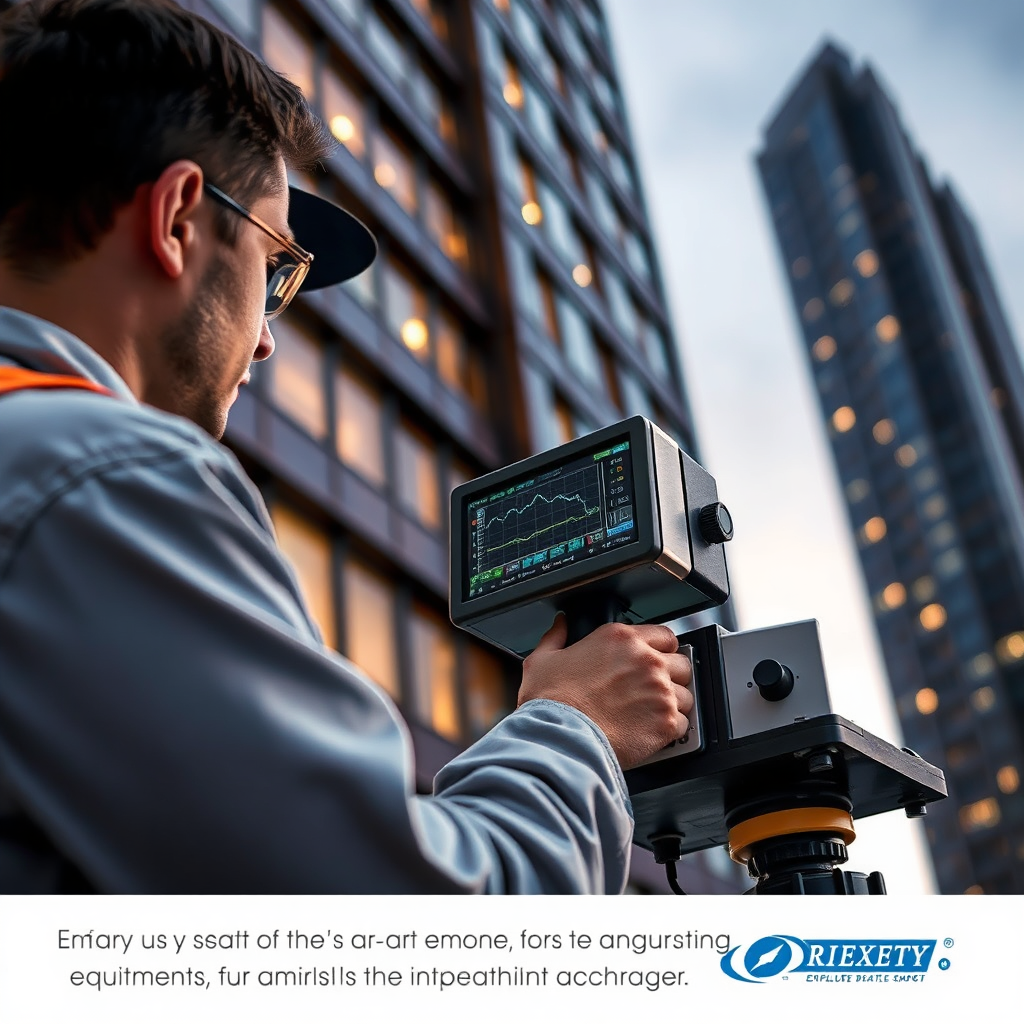 A specialized technician using state-of-the-art equipment to conduct a building envelope test on a high-rise building. The technician is carefully monitoring the equipment readings, with a focus on data accuracy and analysis. The background shows the building's exterior with different materials. Capture the scene during twilight, using dramatic lighting to accentuate the professionalism and technical expertise involved. Aim for photorealistic rendering, highlighting the precision and attention to detail in the testing process. The image should inspire trust in Envelope Expert's commitment to quality and accuracy.