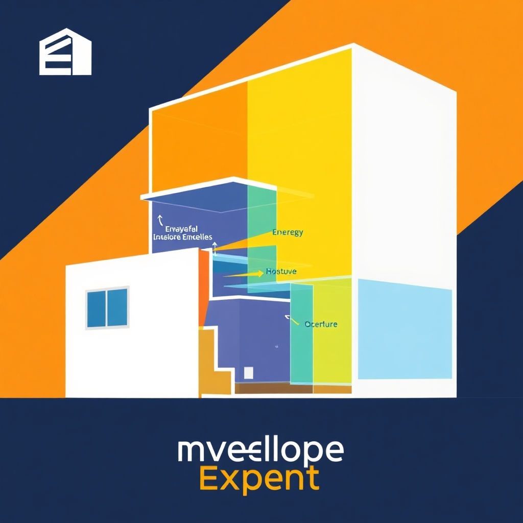A stylized illustration depicting a cross-section of a building, highlighting the different layers of the building envelope and their functions. The illustration should showcase the flow of energy and moisture within the building. The Envelope Expert logo is subtly integrated into the design. Use a vibrant color palette to convey the importance of each layer and the overall system. The image should be clean, modern, and informative, emphasizing the company's dedication to excellence in building envelope solutions. The style can be semi-realistic, emphasizing clarity and aesthetic appeal.
