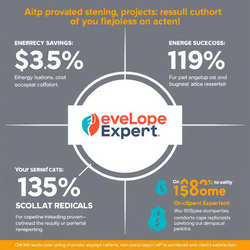A stylized infographic showcasing the results of a successful building envelope project completed by Envelope Expert. The infographic includes key metrics, such as energy savings, cost reductions, and improved occupant comfort. The Envelope Expert logo is prominently displayed in the center of the infographic. Aim for a clean and informative design, using a vibrant color palette. The image should convey the value of proven solutions and client satisfaction. The infographic must be easy to understand and visually appealing.