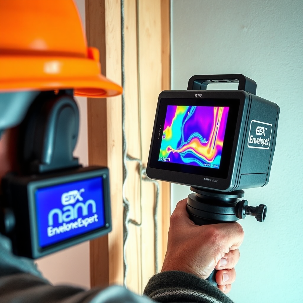 A technician using a thermal imaging camera to detect moisture behind a wall. The camera displays a clear image of moisture patterns, indicating a hidden leak. The Envelope Expert logo is subtly placed on the camera equipment. Aim for a photorealistic image, capturing the advanced technology and expertise involved in leak investigation. The image should convey the effectiveness of non-destructive diagnostic methods. The leak should be dramatically visible.
