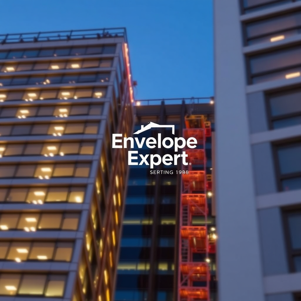 A time-lapse video showing the installation of a cutting-edge building envelope system on a high-rise building. The video highlights the innovative technologies and techniques used in the installation process. The Envelope Expert logo is subtly displayed in the video. Aim for a visually dynamic and engaging design, capturing the energy and innovation of the project. The image should convey the value of cutting-edge methods and lasting impact. The installation should appear seamless and efficient.