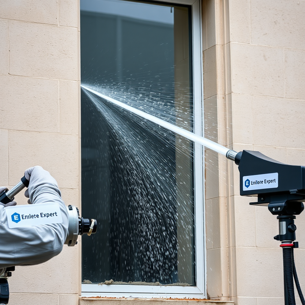 A water penetration test being conducted on a building facade. Technicians are spraying water onto the wall using a calibrated spray rack, simulating heavy rainfall. The water is visibly penetrating a small crack in the window frame. The Envelope Expert logo is subtly placed on the testing equipment. Aim for a photorealistic image, capturing the intensity of the water spray and the vulnerability of the building envelope. The image should convey the importance of water penetration testing. The water should contrast with the facade.
