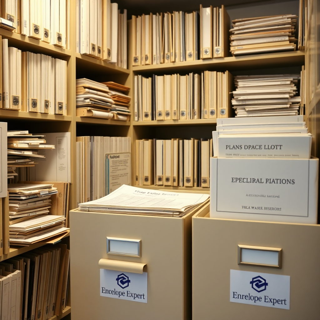 A well-organized archive room filled with building envelope documentation, including plans, specifications, reports, and photographs. The documents are neatly labeled and stored in a systematic manner. The Envelope Expert logo is subtly displayed on the archive boxes. Aim for a photorealistic image, capturing the order and accessibility of the documentation. The image should convey the value of organized records and accessible information. The archive room must appear secure and professional.