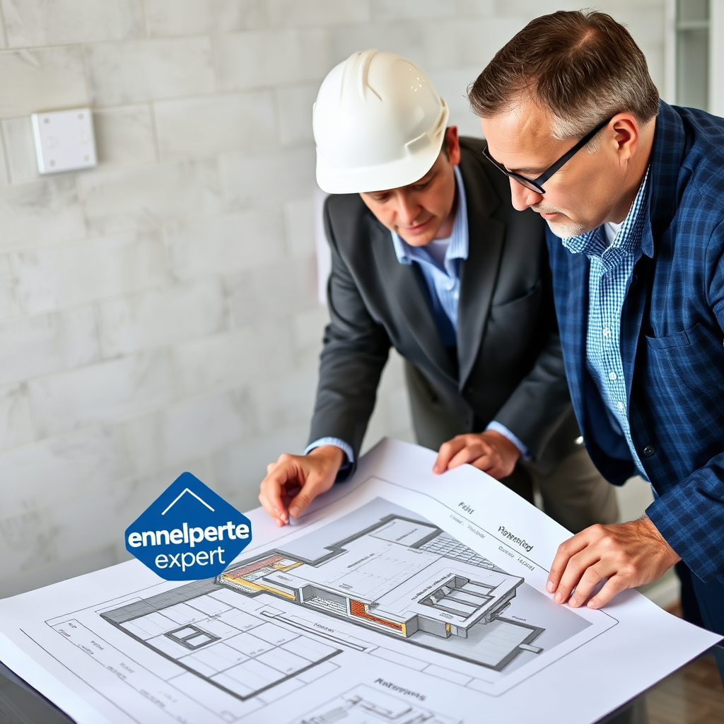 An architect reviewing building plans with an Envelope Expert consultant, focusing on waterproofing details. The plans show a detailed cross-section of the building envelope, highlighting waterproofing membranes and drainage systems. The Envelope Expert logo is subtly placed on the plans. Aim for a photorealistic image, capturing the collaborative effort and expertise involved in developing preventative waterproofing strategies. The image should convey the importance of early intervention and long-term value. Focus on collaboration and pre-construction strategy.