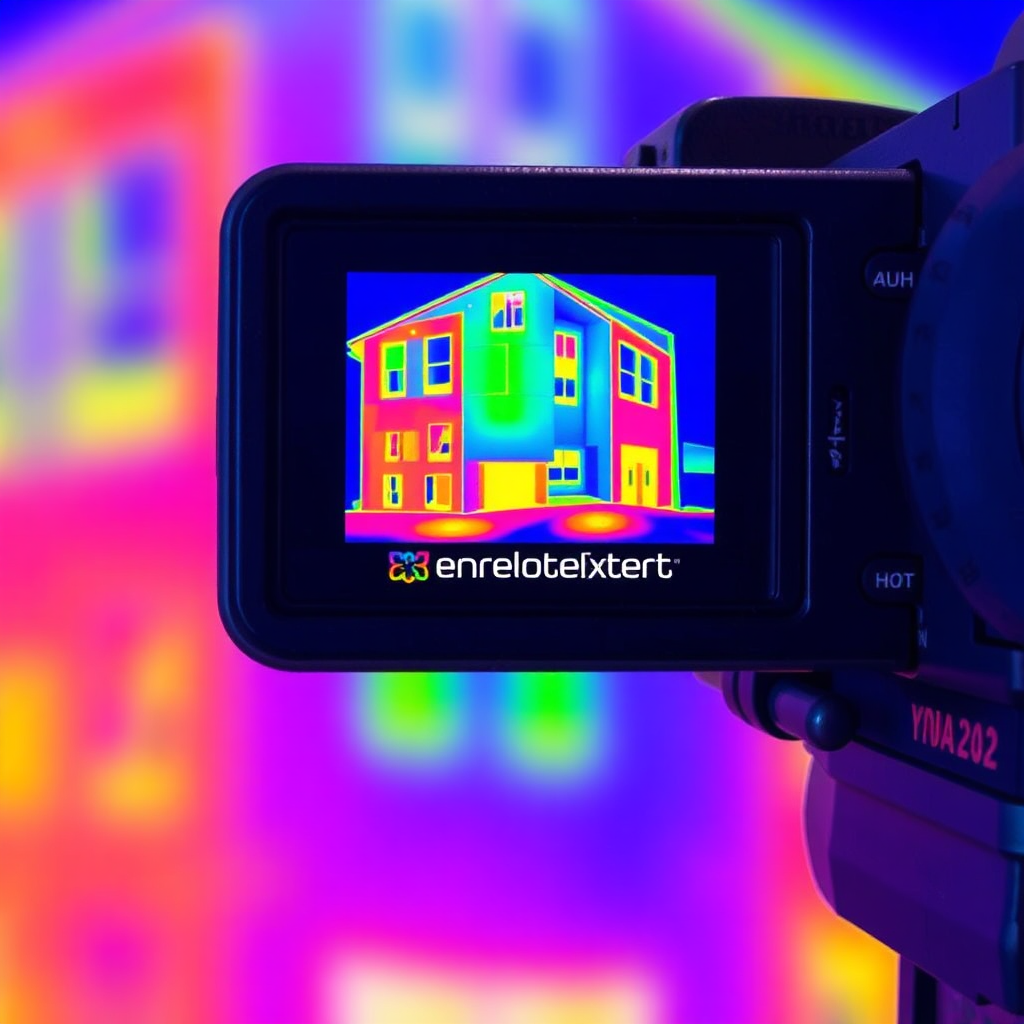An infrared camera displaying a thermal image of a building facade. The image shows areas of heat loss and gain, with different colors representing temperature variations. The Envelope Expert logo is subtly placed on the infrared camera. Aim for a stylized image, using a vibrant color palette to highlight the thermal performance of the building envelope. The image should convey the value of thermal performance testing and Envelope Expert's expertise in energy efficiency. The image must clearly show hot and cold zones.