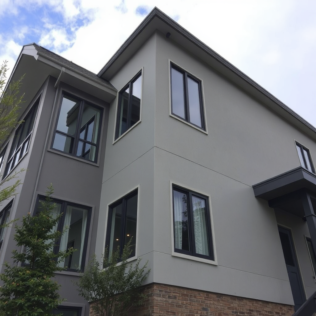A modern, architecturally striking building with a glass facade reflecting a vibrant sunset. The building should appear energy-efficient and well-maintained. In the foreground, subtly display the Envelope Expert logo. The overall image should convey trust, innovation, and expertise in building envelope solutions. Capture the play of light on the building's surface to highlight its design and structural integrity. Aim for photorealistic rendering with attention to detail in textures and reflections.