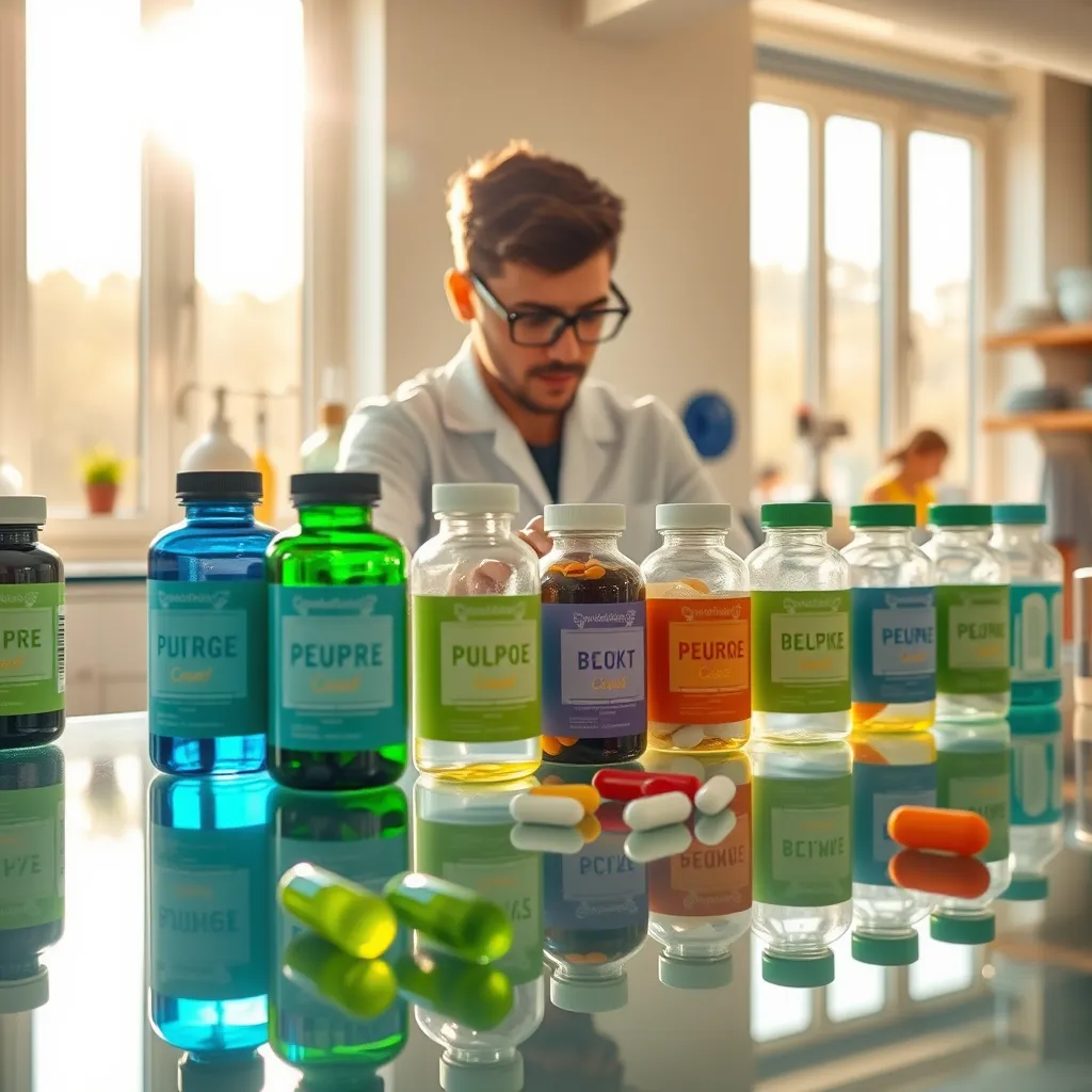 A beautifully arranged display of custom supplement bottles on a modern glass table. Each bottle is labeled with unique formulations and colors, reflecting the bespoke nature of the service. The setting is a sunlit lab, with soft golden afternoon light streaming in through tall windows, creating a serene mood. In the foreground, a nutritionist, a young man with glasses, is mixing various ingredients in a bowl, showcasing a hands-on approach. The color palette features vibrant greens, blues, and whites, symbolizing health and vitality. The image is taken from a slightly elevated angle, providing a comprehensive view of the scene's details. Shot in 8K resolution, hyperrealistic, emphasizing texture from the supplements to the glass surface.