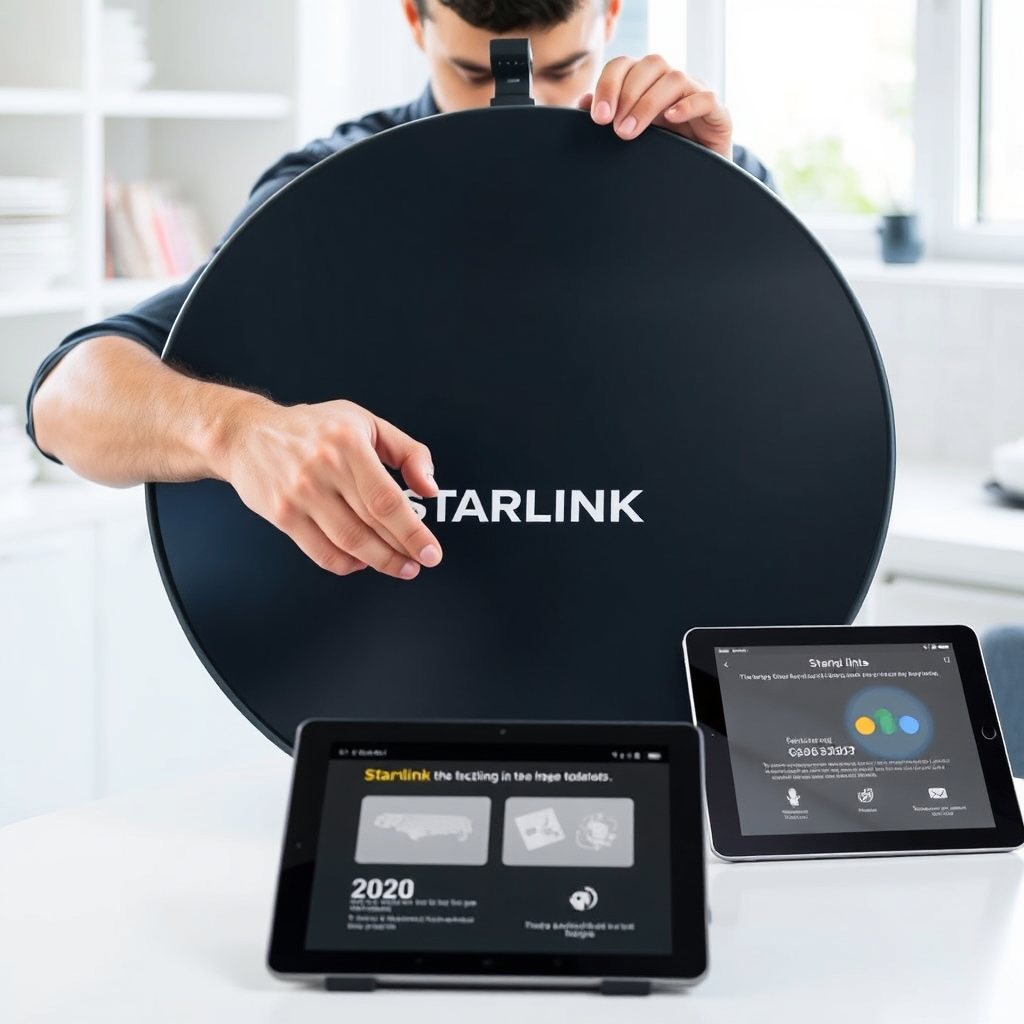 A bright, well-lit photo of someone quickly assembling a Starlink dish. Show clear instructions on a tablet nearby. The setting is clean and organized. The image conveys ease of use and convenience. 4K resolution. Focus on the dish and the tablet. Style: Product photography, clean and informative.