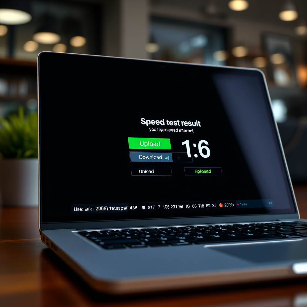 A close-up, photorealistic image of a speed test result on a laptop screen, clearly displaying high download and upload speeds. The setting is modern and technological. The image conveys the power of high-speed internet. Use 4k resolution. Style: Tech demo shot.