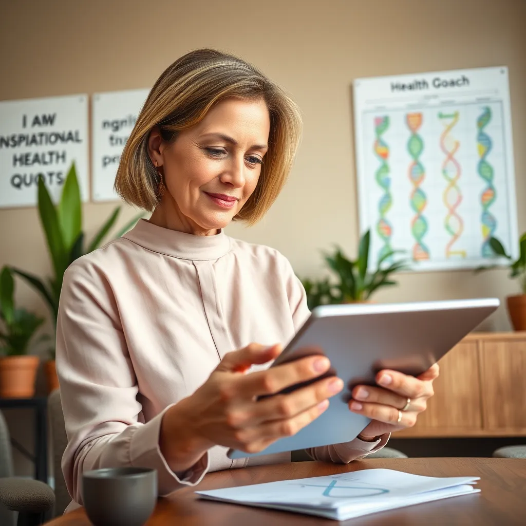 A close-up portrait of a health coach analyzing genomic data on a sleek tablet. The coach, a middle-aged woman with warm features, is shown with soft diffused lighting, creating a welcoming atmosphere. In the background, a well-appointed consulting room is adorned with plants and inspirational health quotes. A colorful chart displaying DNA strands is visible on the wall, enhancing the educational vibe. The color palette consists of warm earth tones, suggesting comfort and professionalism. The perspective is slightly tilted, emphasizing the intimacy of the coaching session. The image is captured in 8K resolution, ultra-detailed, ensuring clarity of textures like the wood of the desk and the fabric of the coach’s clothing, embodying a hyperrealistic style.