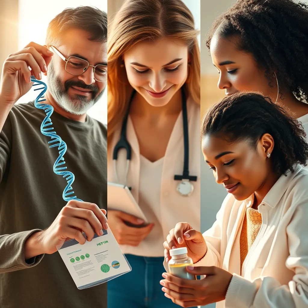 A collage of diverse individuals engaging in various health activities: one person analyzing a DNA kit, another consulting with a health coach, and a third person preparing personalized supplements. The background should be bright and inspiring, symbolizing health and vitality.