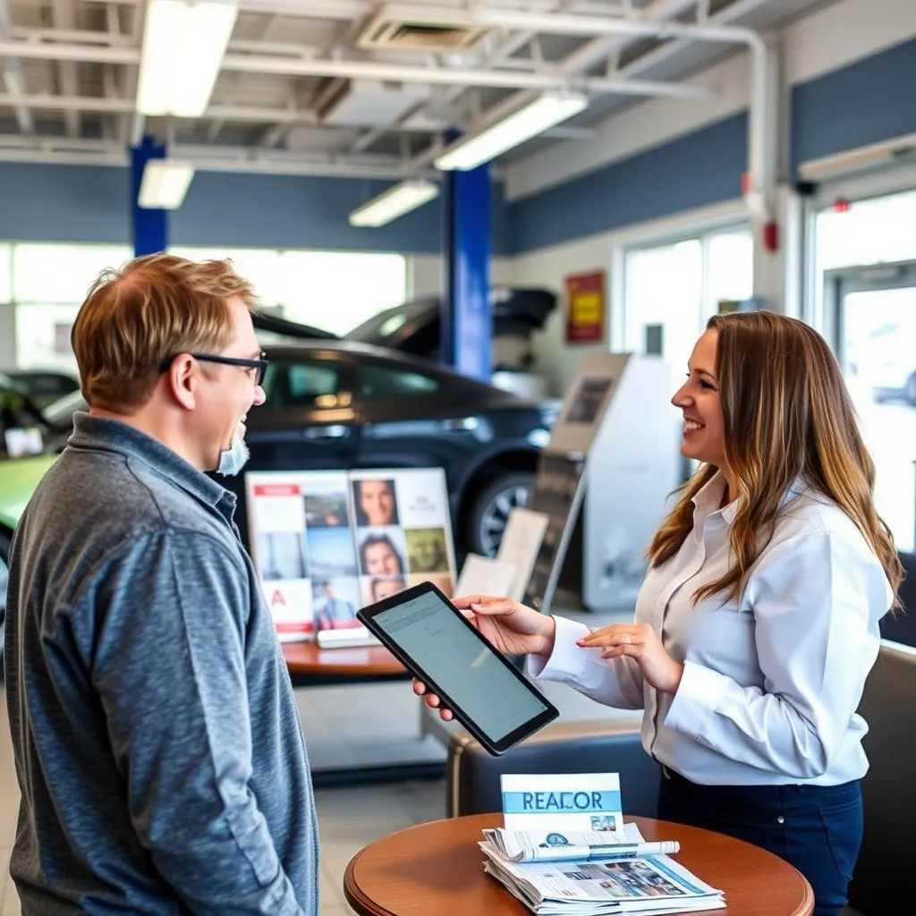 A customer interacting with a friendly service advisor in an auto body repair shop's waiting area. The advisor is showing repair estimates on a tablet, with well-organized brochures and a welcoming atmosphere in the background.
