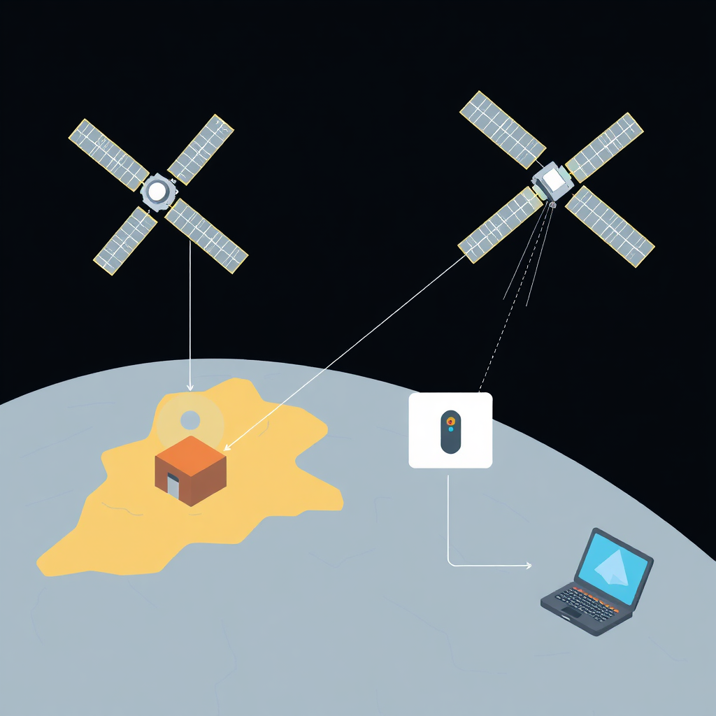 A diagram illustrating how Starlink satellites provide internet connectivity to a remote user. Show the path of data from space to the device. The visual style should be clean and easy to understand. 4K resolution. Style: Technology illustration.