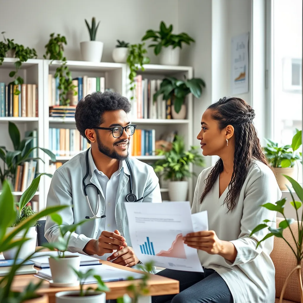 A diverse health coach interacting with a client in a bright, inviting office filled with health-related books and plants. There are charts and graphs illustrating health progress, as the client looks engaged and motivated, filled with newfound knowledge.