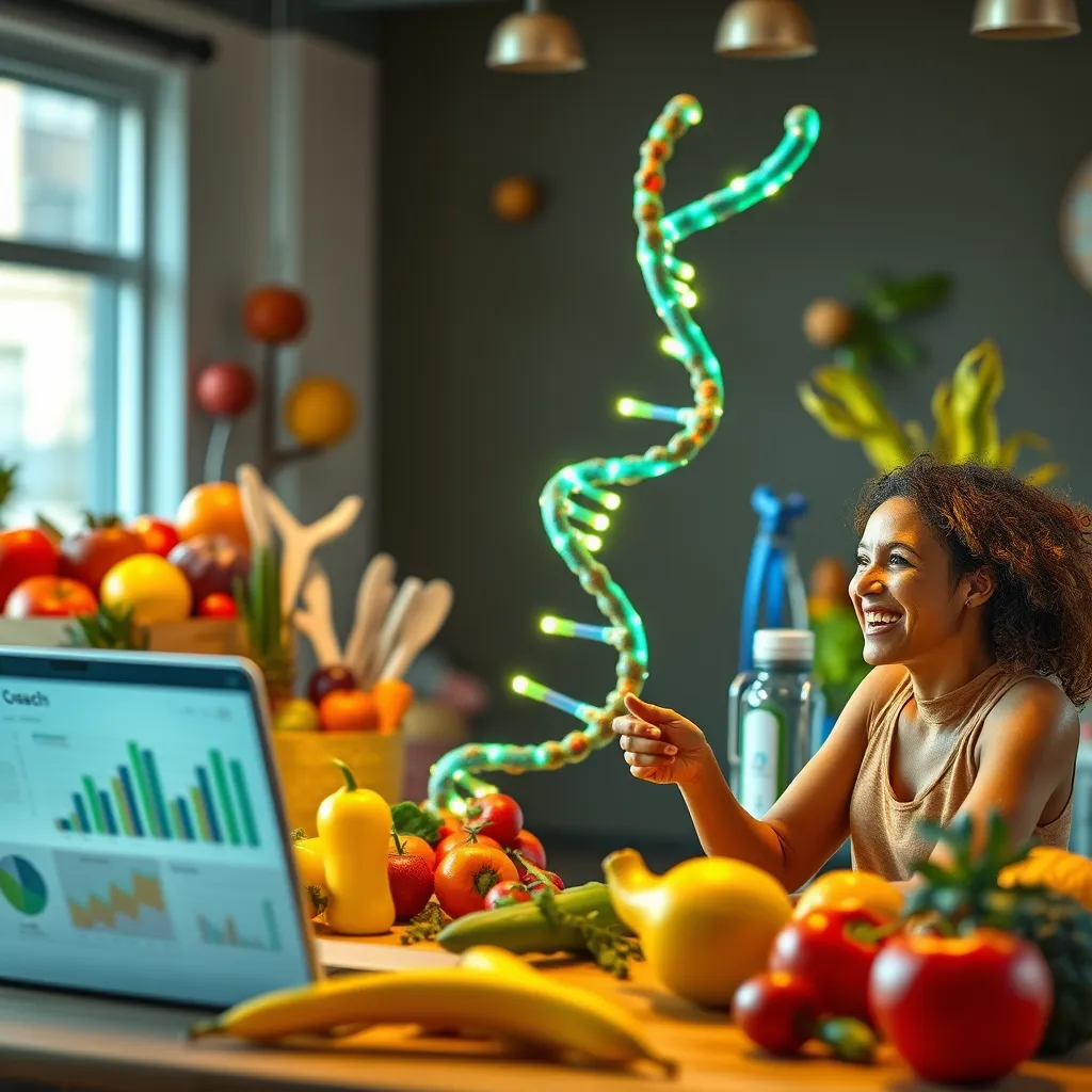 A DNA strand illuminated against a backdrop of vibrant, healthy lifestyle elements like fruits, vegetables, and exercise equipment. Include a coach laptop with charts, showing personalized health strategies, and a happy, diverse person engaging in wellness activities.
