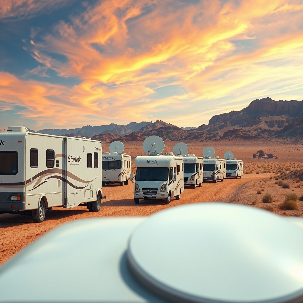 A high-quality image showing a caravan of RVs in a remote desert landscape, all equipped with Starlink dishes. The focus is on the reliability and ubiquity of the internet connection. Convey a sense of community and exploration. Desert should be very detailed. 4k resolution. Style: Road trip photography.
