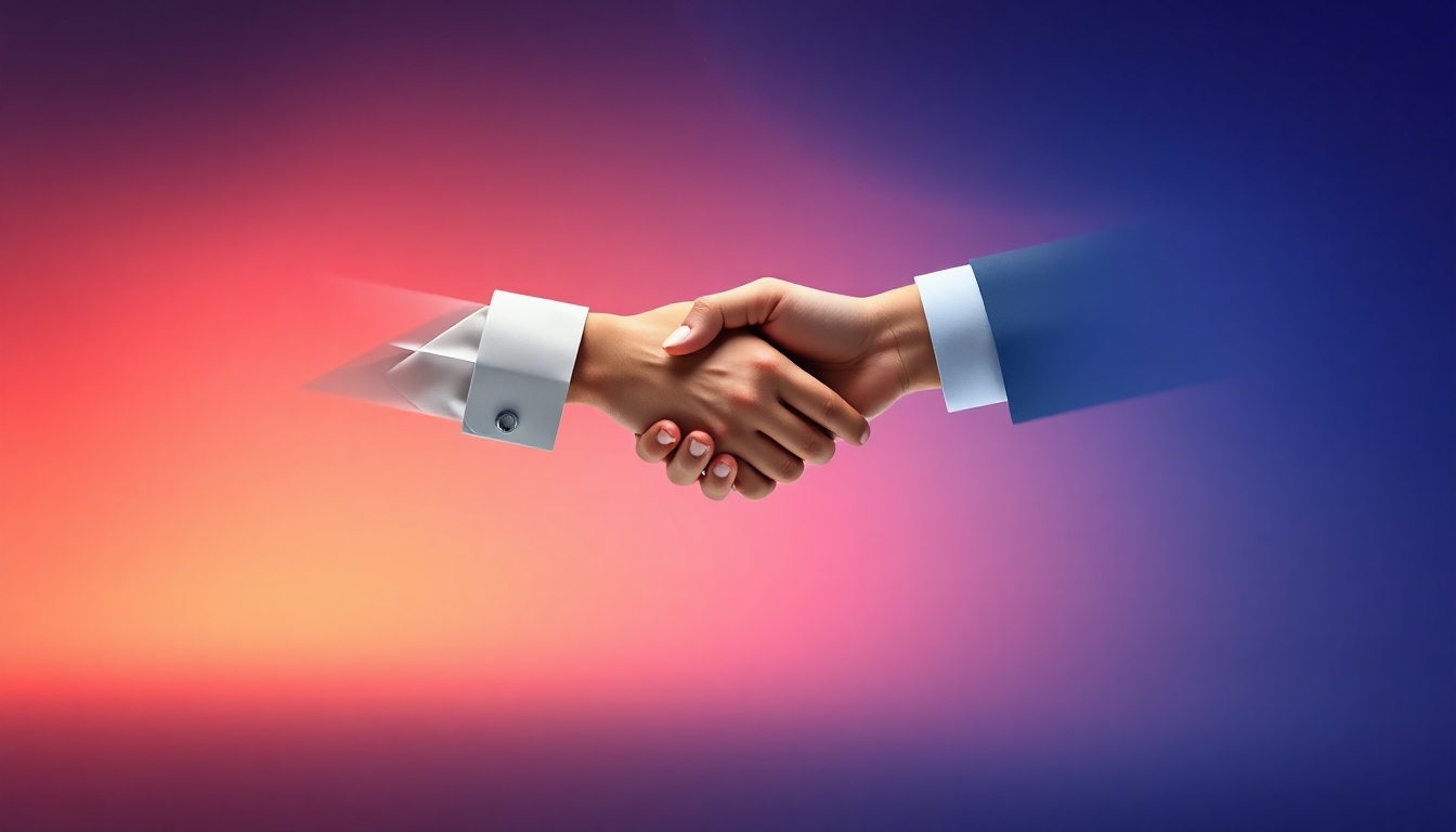 A photorealistic image of a handshaking between a virtual assistant and client, representing building a strong professional relationship. Use subtle lighting to enhance the overall mood and highlight the handshake.