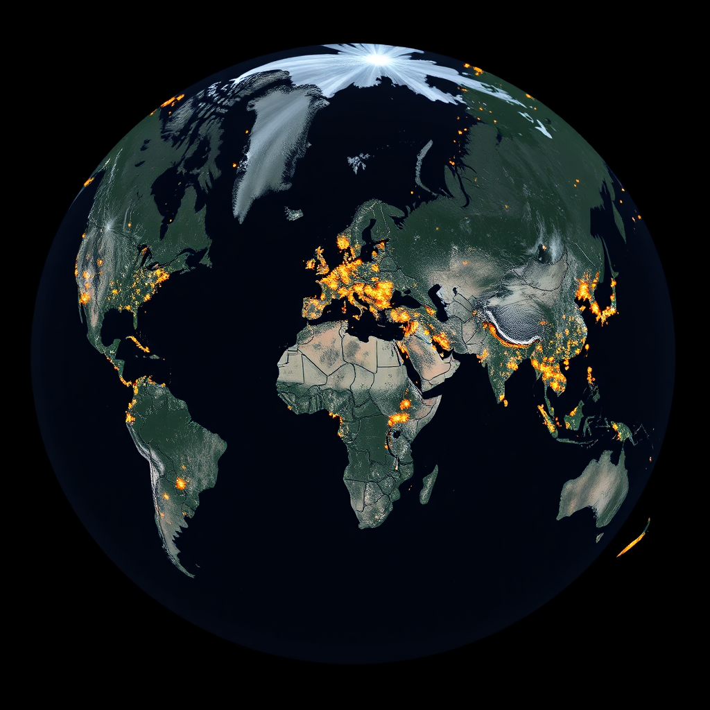 A map of the world with Starlink coverage highlighted. Use satellite imagery as the base. 4k resolution. Focus is the globe. Style: Data visualization.