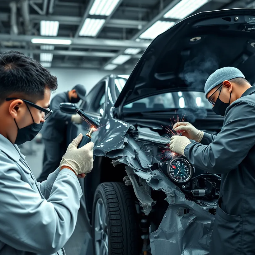 A modern auto repair shop featuring skilled technicians carefully assessing and repairing a car's body. Tools like body hammers, welders, and digital measuring equipment can be seen, with a focus on the car's damaged area being expertly worked on.